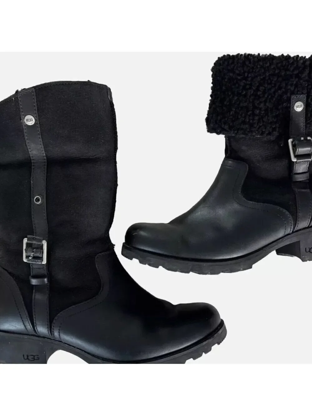 UGG Black Bellevue 1914 Leather Shearling Zip Fold Over Moto Boots Sz 6